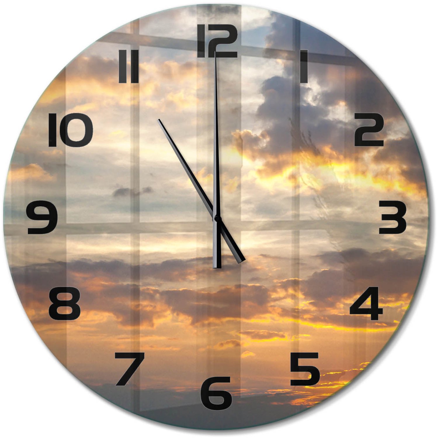 TULUP Wandklok - Zonsondergang Wandklok Glas Met Motief - fi60 cm - Oranje Decoratieve Glazen Klok - Zwarte handen - Ronde Klok - Gekleurde Glazen Klok - Glazen Klok Met Print