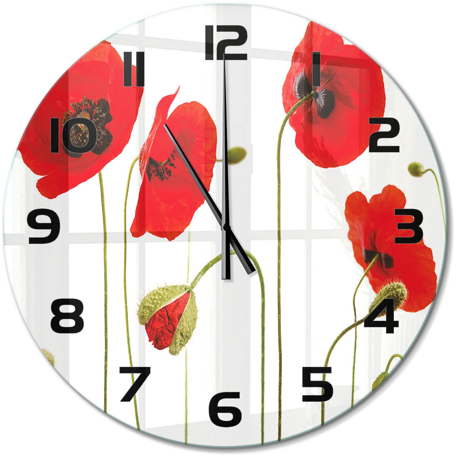 TULUP Wandklok - Klaprozen Glazen Wandklok Design - fi60 cm - Rood Klok Glas Met Opdruk - Zwarte handen - Ronde Klok - Wandklok Glas Met Motief - Decoratieve Glazen Klok