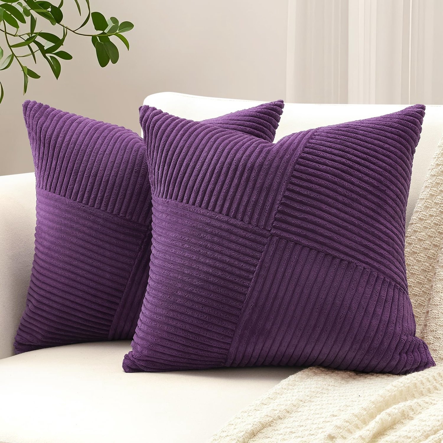 Famanu Set van 2 corduroy kussenslopen met windmolen en strepen patroon, decoratieve kussenhoezen voor woonkamer, 45 x 45 cm, ideaal voor een speelse en gezellige uitstraling in je huis wit