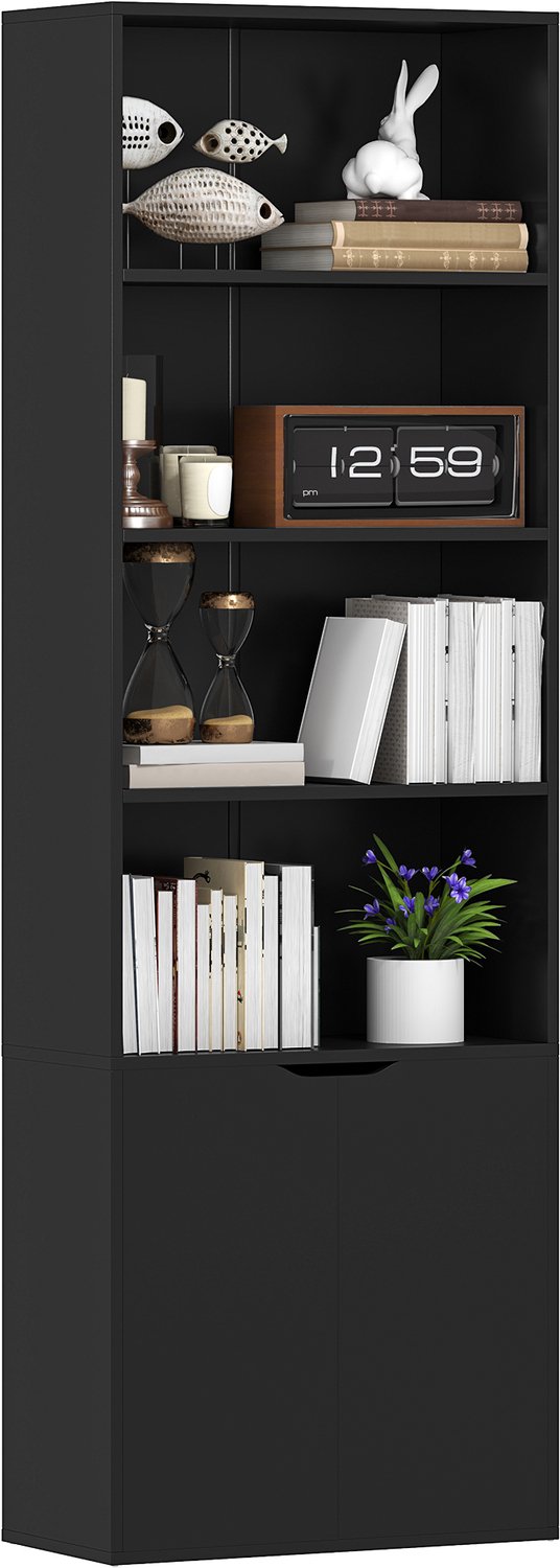 Lunpog Boekenkast met 6 planken - opbergkast - 59 x 29 x 180 cm - zwart - 4 open vakken - 2 deuren Noir