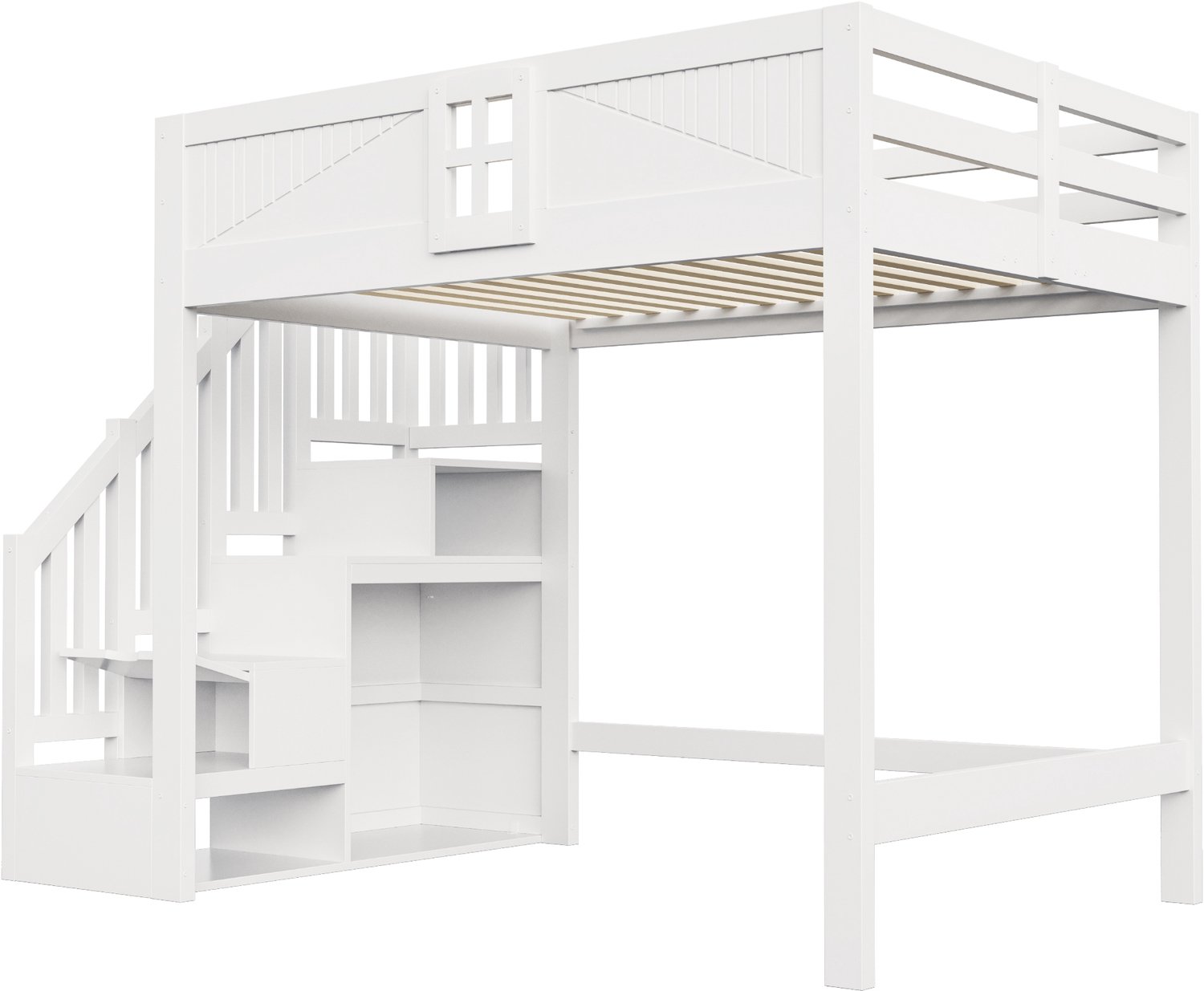 MUVANO Hoogslaper met opbergtrap - Verhoogd houten bed - Trap links of rechts - Veiligheidshek met raamvorm - 140 x 200 cm - Voor de slaapkamer - Wit