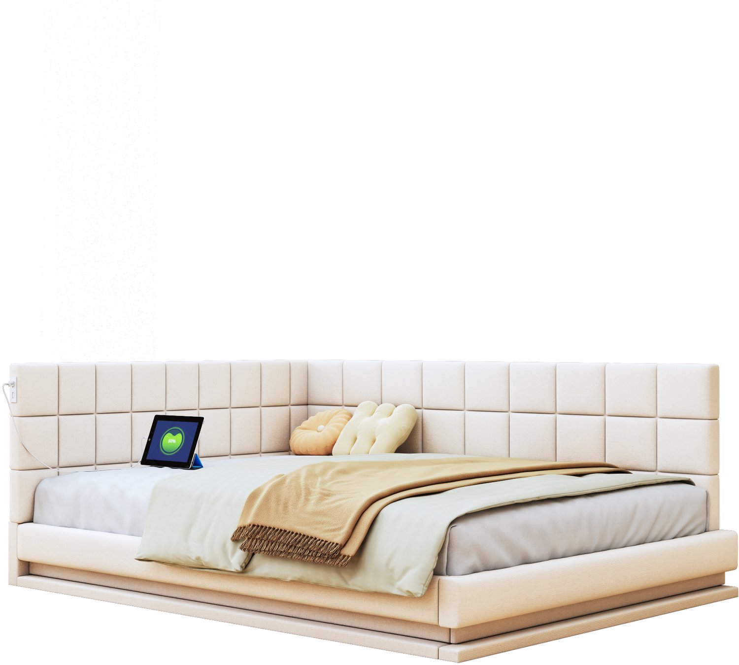 MUVANO Slaapbank 140x200 - Gestoffeerd bed - Kleurwisselende ledverlichting en USB - Linnen bekleding met lattenbodem - Voor woon- en slaapkamer - Beige