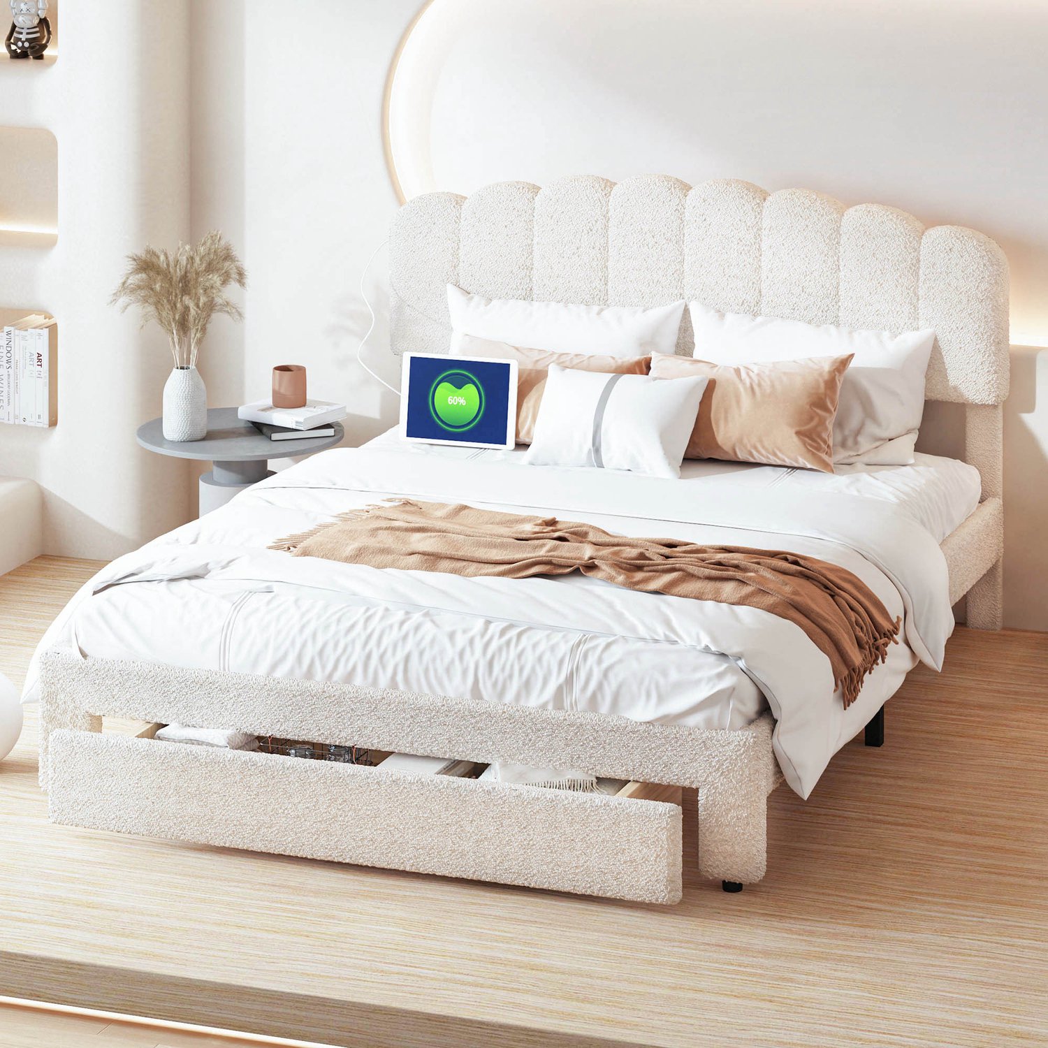 ROSAHQNDA Volwassen bed 140x200 cm, tweepersoonsbed met verstelbaar hoofdbord, opberglade en lattenbodem, comfortabel bed voor de slaapkamer, teddy stof, beige, zonder matras