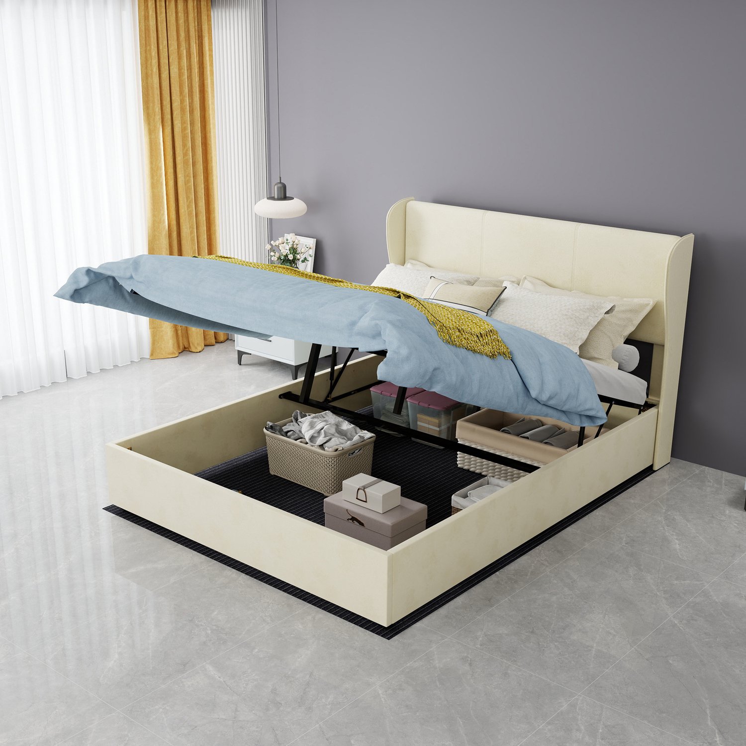 MEUNIQ Tweepersoonsbed 140 x 200 cm met gestoffeerd hoofdbord, lattenbodem en opbergruimte onder het bed - bedframe voor de slaapkamer - beige