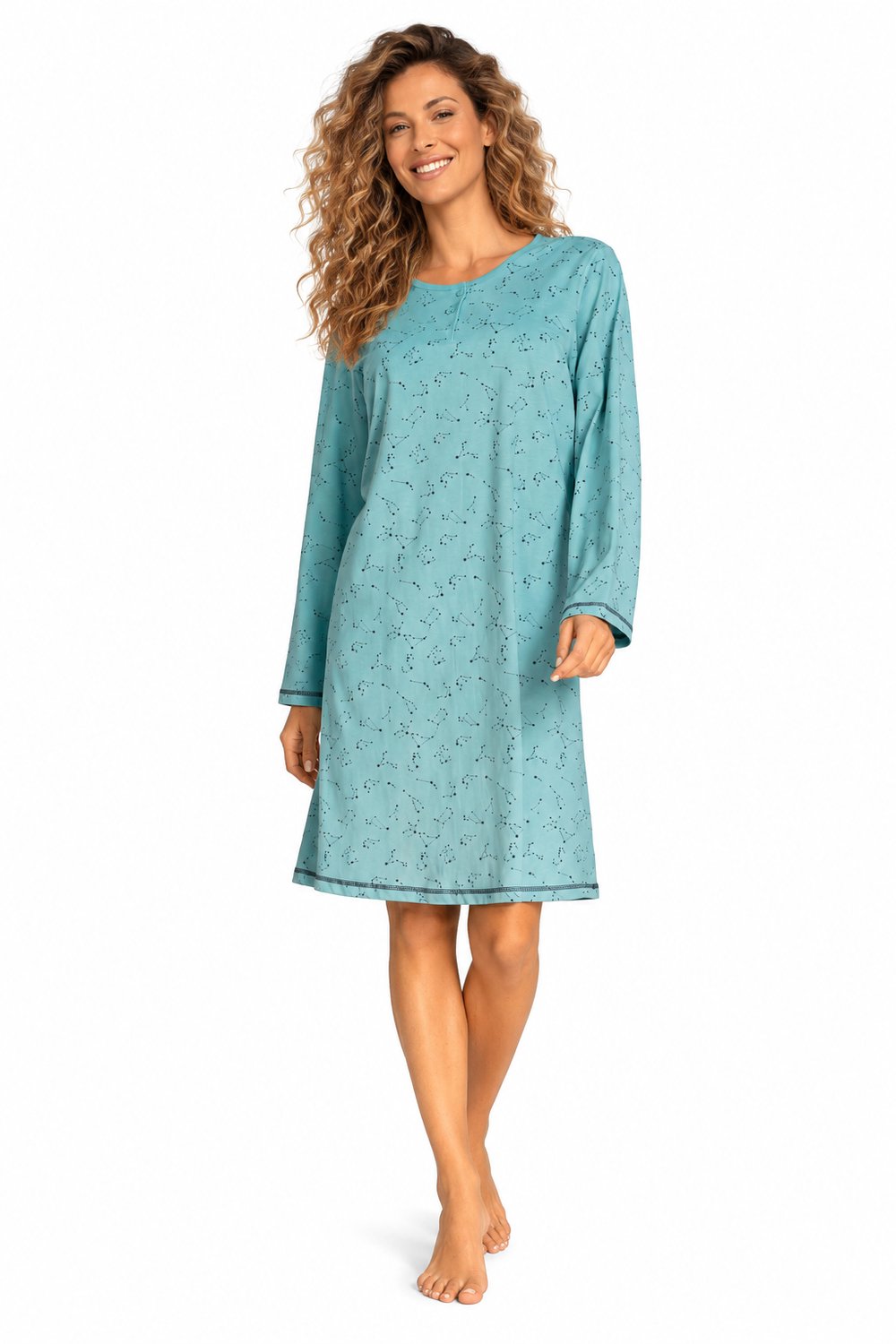 Comtessa Dames - Nachthemd – 100% Katoen – Lange Mouw – Aquatint – 100 cm Lang Lagoon Blauw