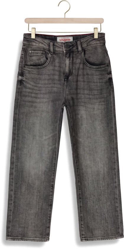 Grijze Vingino jeans met wassing, rits- en knoopsluiting en vijf zakken.