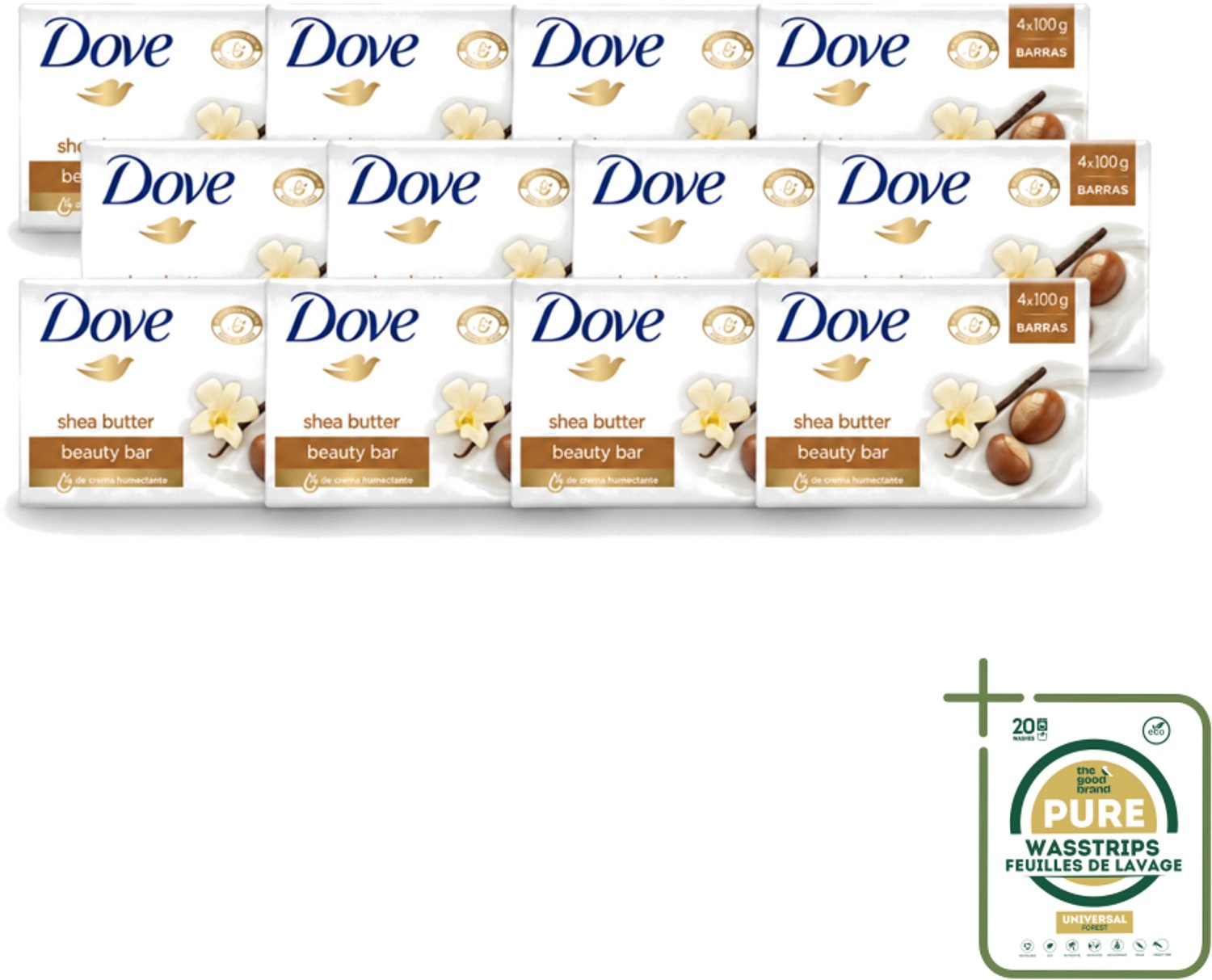 12 x Dove – Zeep – Sheabutter – 4 x 100 g - Wasstrips - Zeep Sheabutter - Huid Verzorging - Droge Huid - Milde Reiniging - Hydraterende Crème