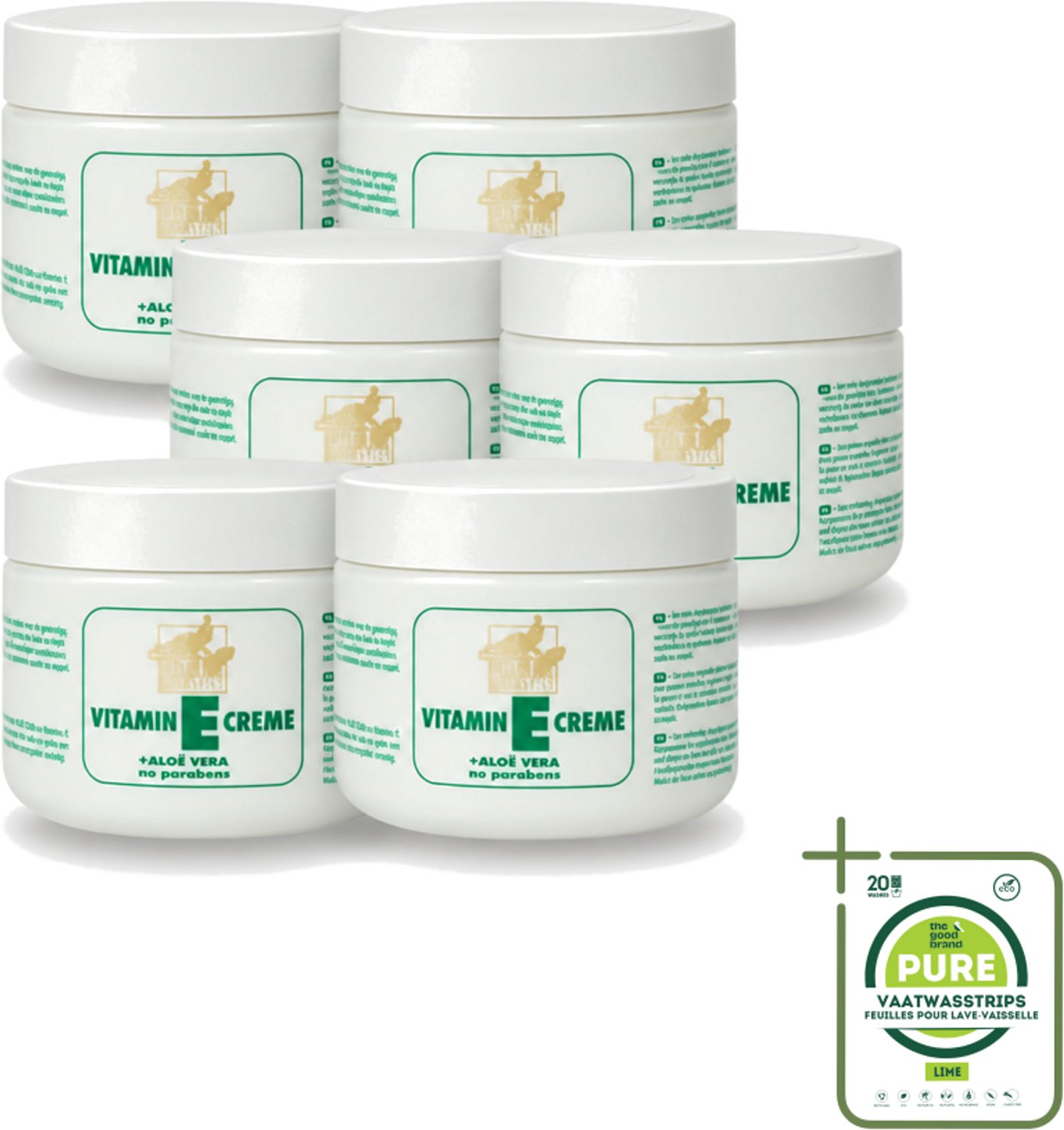 6 x Goldline - Bodycrème - Vitamine-E & Aloë Vera - Gevoelige Huid - Kalmerend - 250 ml - Grootverpakking - Vaatwasstrips - Gevoelige Huid Verzorging - Vitamine E Crème - Aloë Vera Crème - Kalmerende Crème - Huid Verzorging