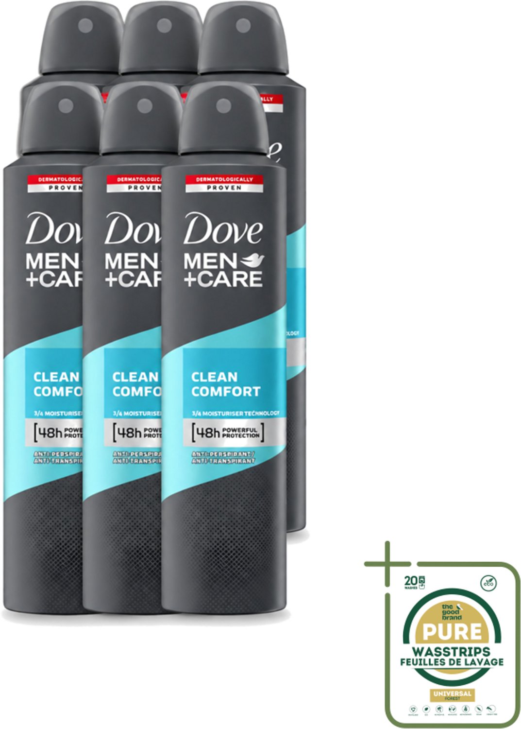 6 x Dove - Deodorant - Men Care Clean Comfort - Comfort en verzorging - 48 uur bescherming - 250 ml - Wasstrips - Deodorant Voor Mannen - 48 Uur Bescherming - Huidverzorging - Zweet En Geur - Mannelijke Verzorging
