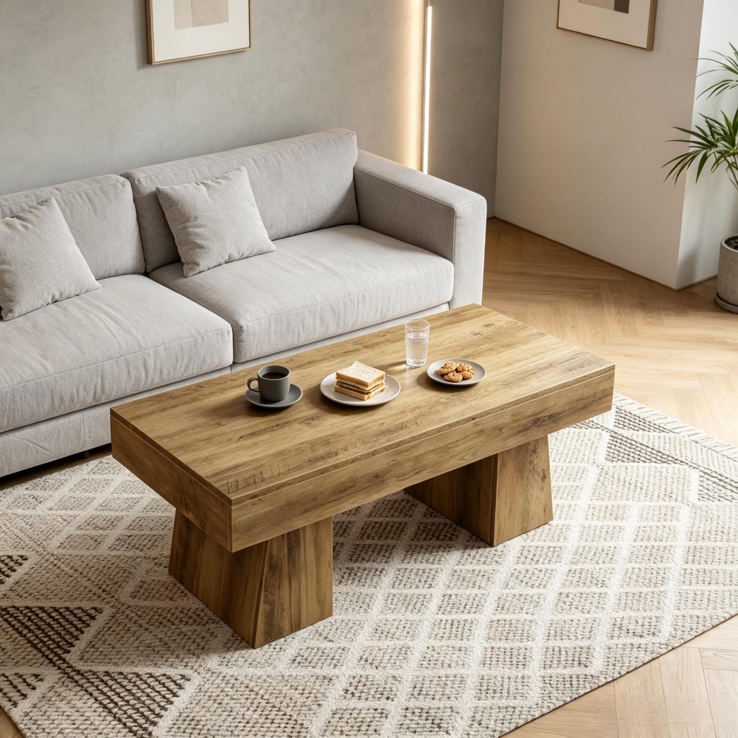 OKWISH Salontafel - Rechthoekig Blad en Verstelbare Voetjes - Voor de Woonkamer - MDF in Bruine Houtlook - 120 x 60 x 50 cm