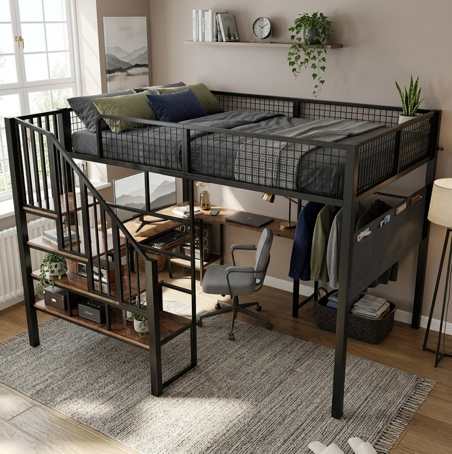 HAUSS SPOLE Hoogslaper 140x200 cm - Met Hoekbureau, Trap en Toetsenbordlade - Met Laadaansluiting en Zijvak - Zonder Matras - Metaal - Zwart Zwart met donkere houtkleur