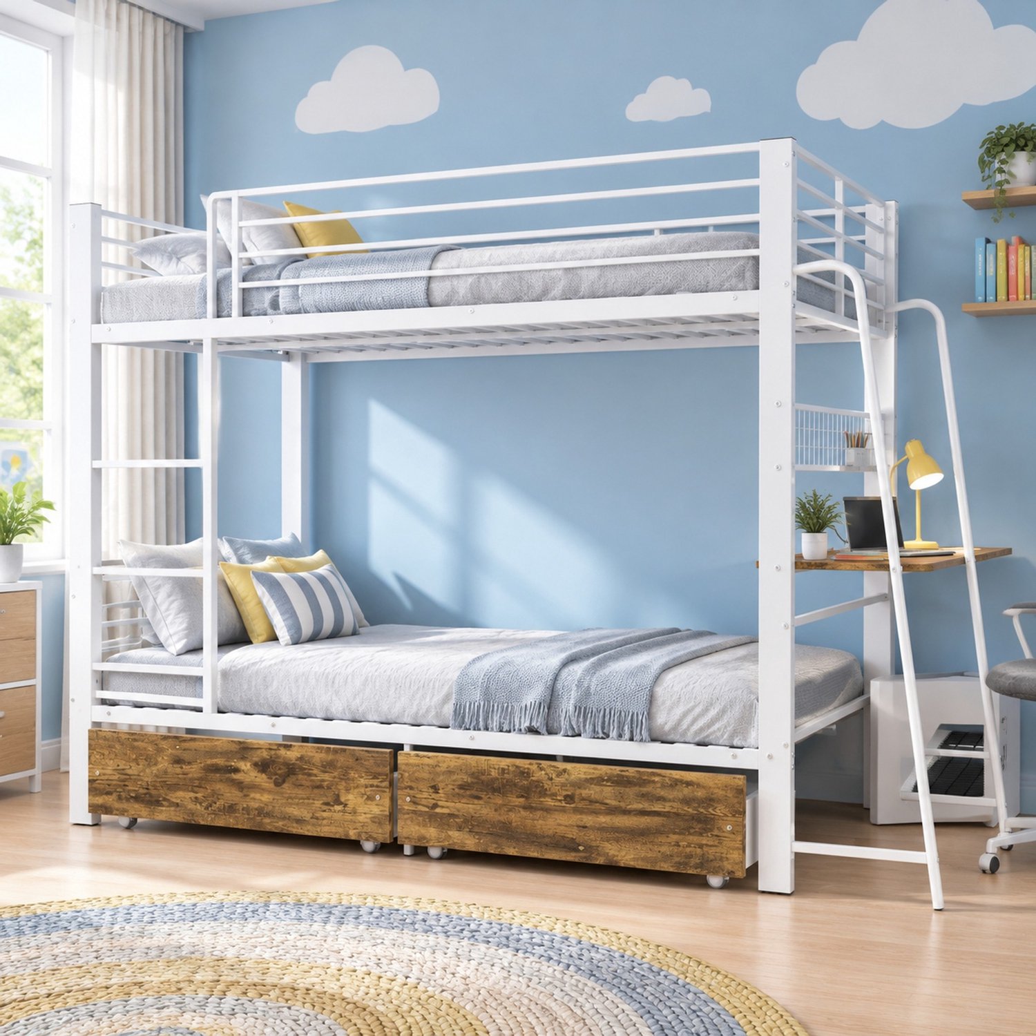 Wishdor Stapelbed 90x200 cm - Met bureau en LED-verlichting - Opberglades op wieltjes en verstevigd frame - Voor slaapkamer en studeerplek - MDF en metaal - Matwit met donkere accenten Wit met donkerbruine houtlook