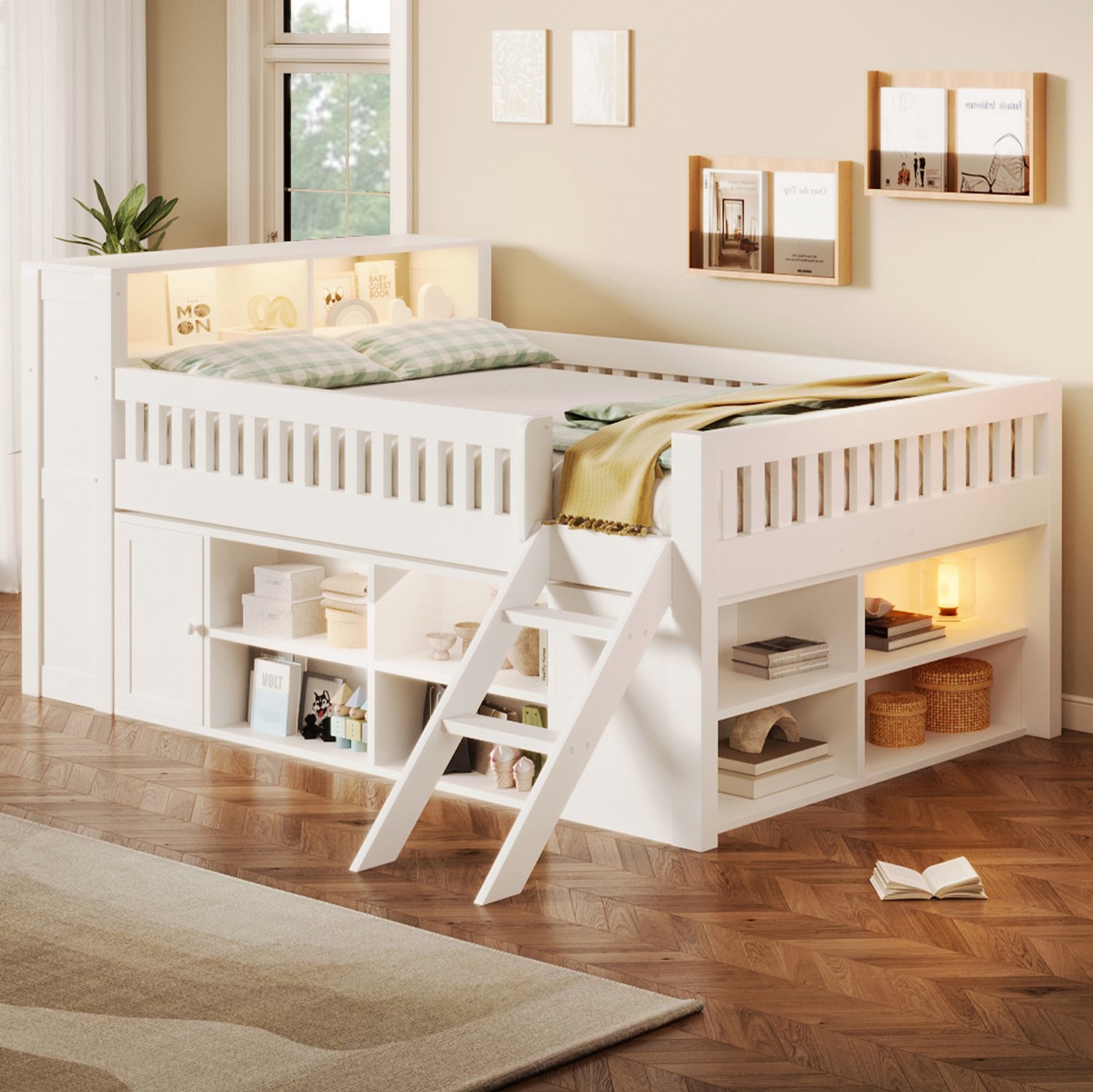 HAUSS SPOLE Hoogslaper 140x200 cm - Kinderbed met Ledverlichting en Opbergruimte - Met Ladder en Uitvalbeveiliging - Zonder Matras - MDF en Hout - Wit