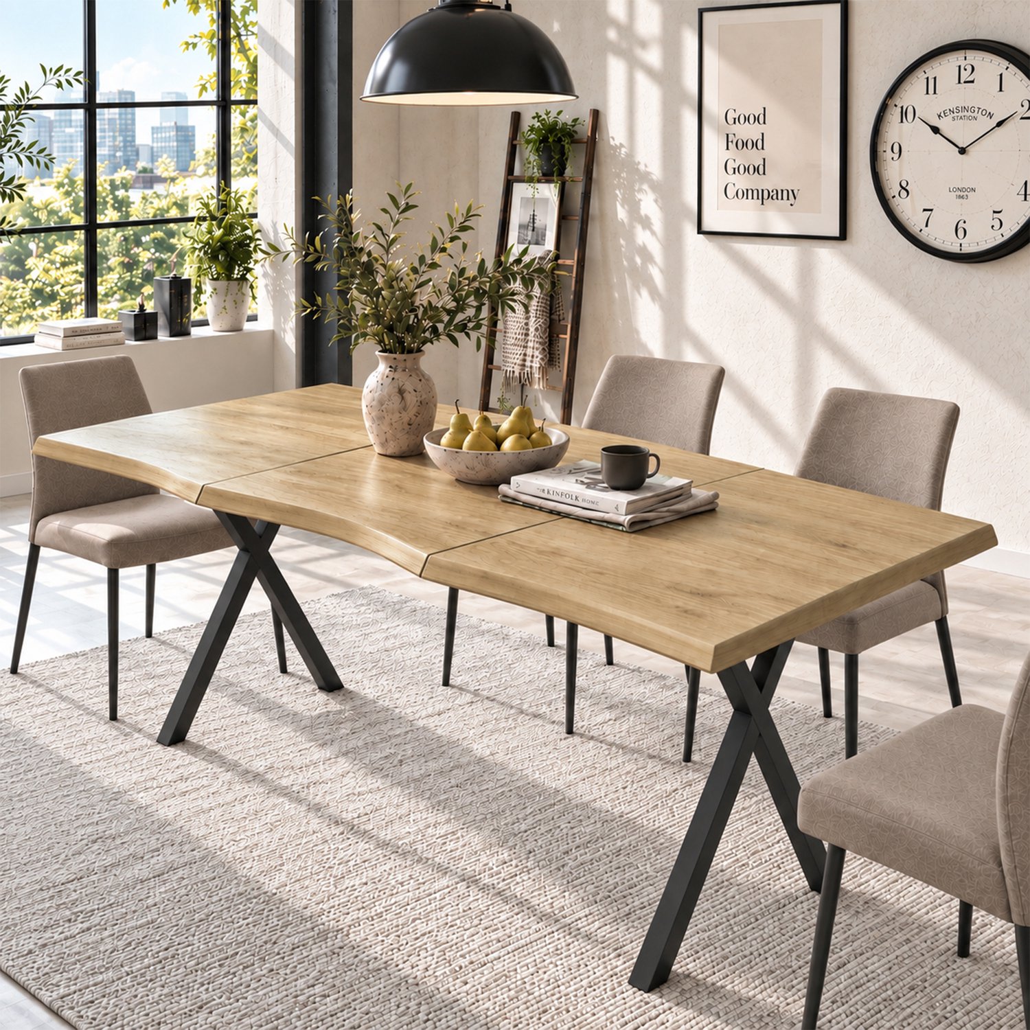 OKWISH Eettafel - Golvende Tafelrand en X-Vormige IJzeren Poten - Voor 4 tot 6 Personen - MDF en IJzer in Houtkleur - 160 x 78 x 75 cm