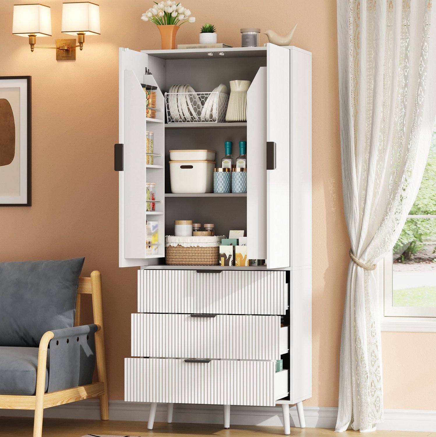 HAUSS SPOLE Keukenkast - Hoge Kast Met 2 Deuren En 3 Lades - Verstelbare Legplanken Voor Keuken En Eetkamer - MDF - Wit - 75x35x180 Cm