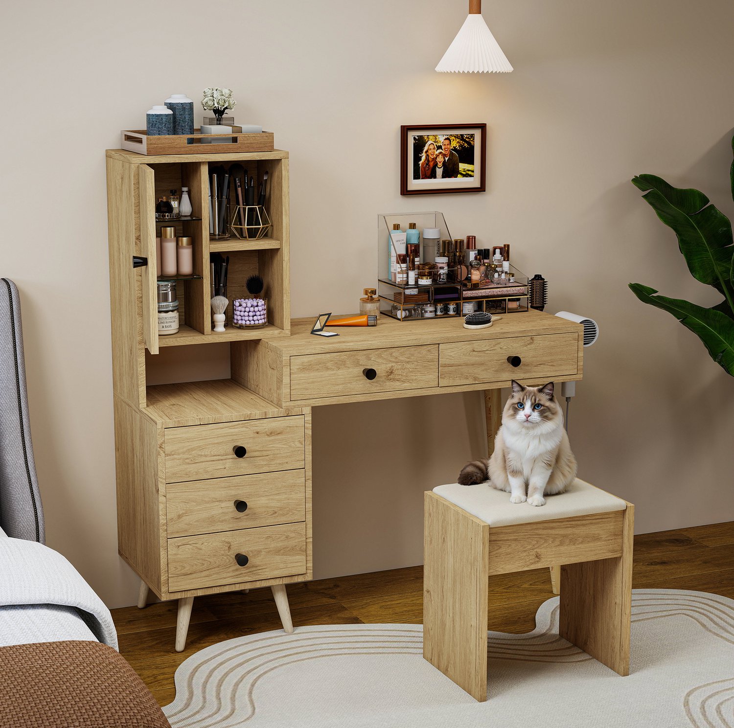 MEUNIQ Kaptafel met uitschuifbaar tafelblad, opbergbare spiegel, 5 lades en zijkast, inclusief gestoffeerde kruk, naturel en beige