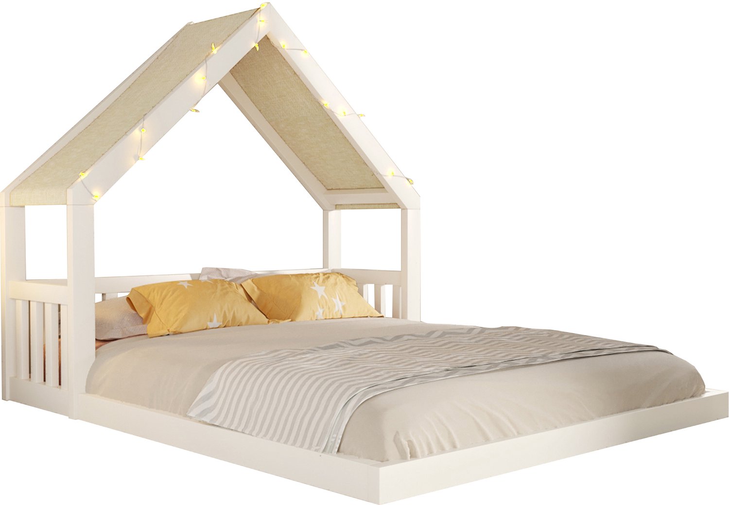 REDOM Huisbed 140x200 cm - Houten bedframe met stoffen dak en lichtsnoer - Wit