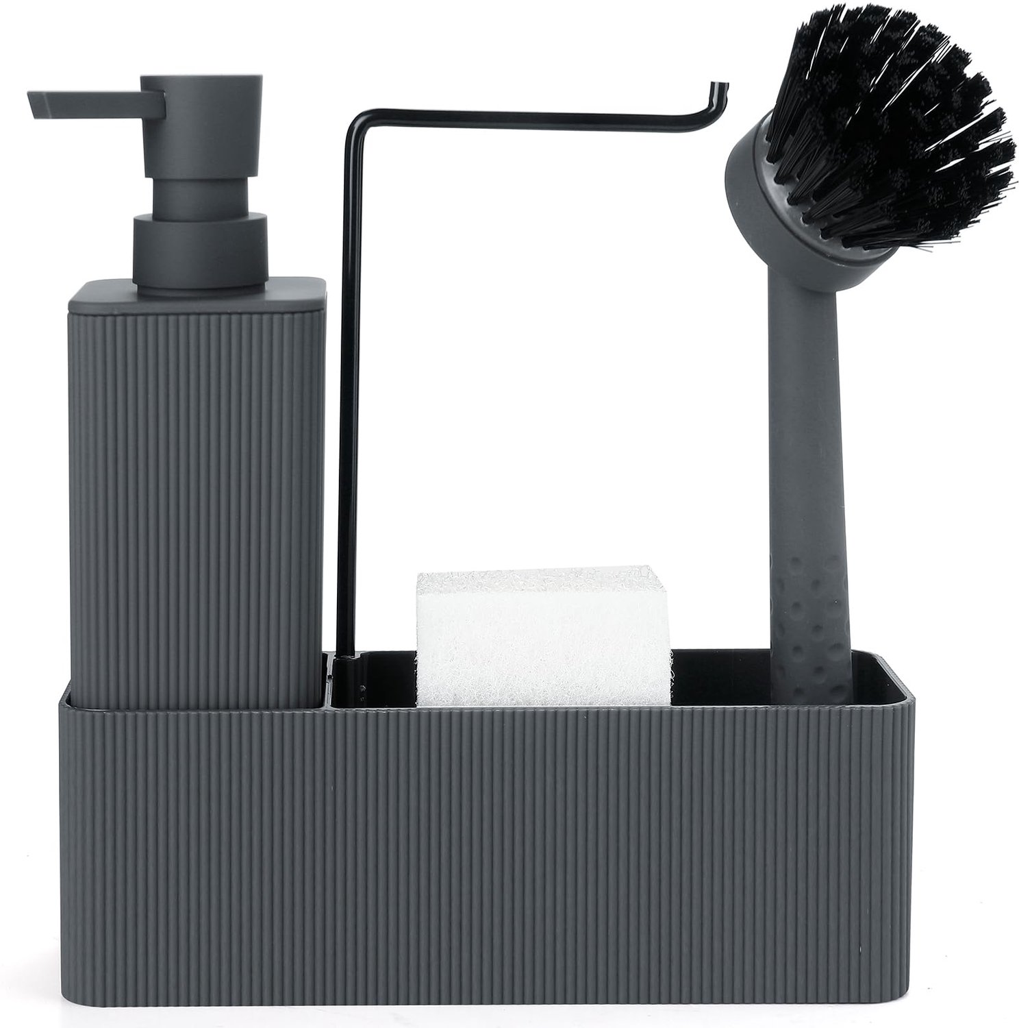 Grijze Afwasmiddel Dispenser Set met Borstel, Spons en Afwasbakje