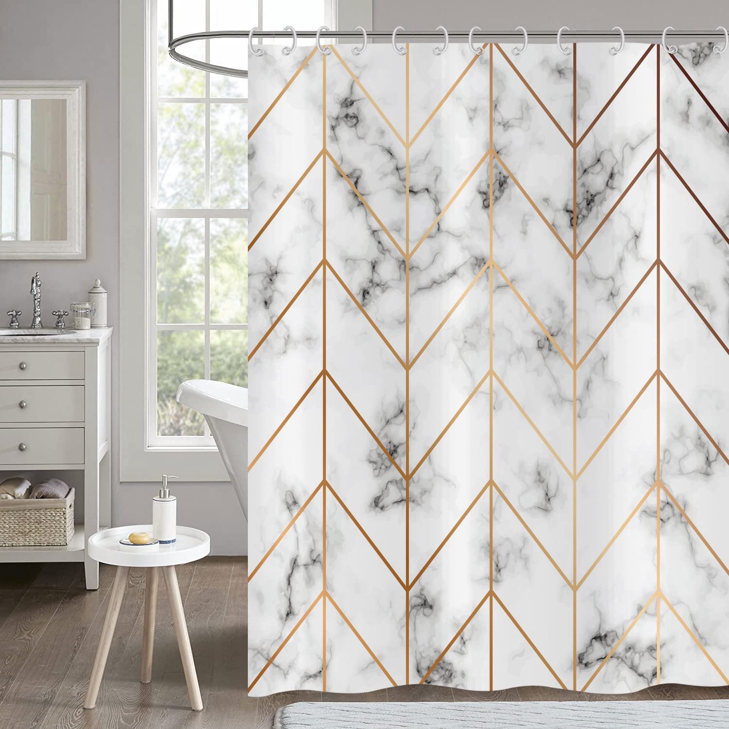 Marmeren Douchegordijn 180x180 cm met Gouden Geometrische Lijnen
