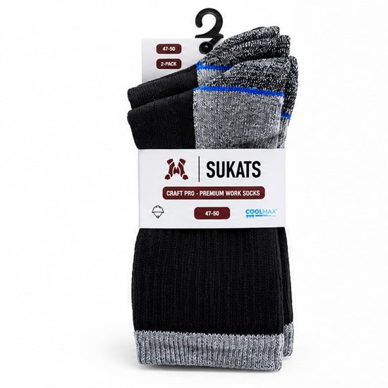 Set van 2 paar Sukats Craft Pro premium werksokken in zwart en grijs, verpakt met merklabel.
