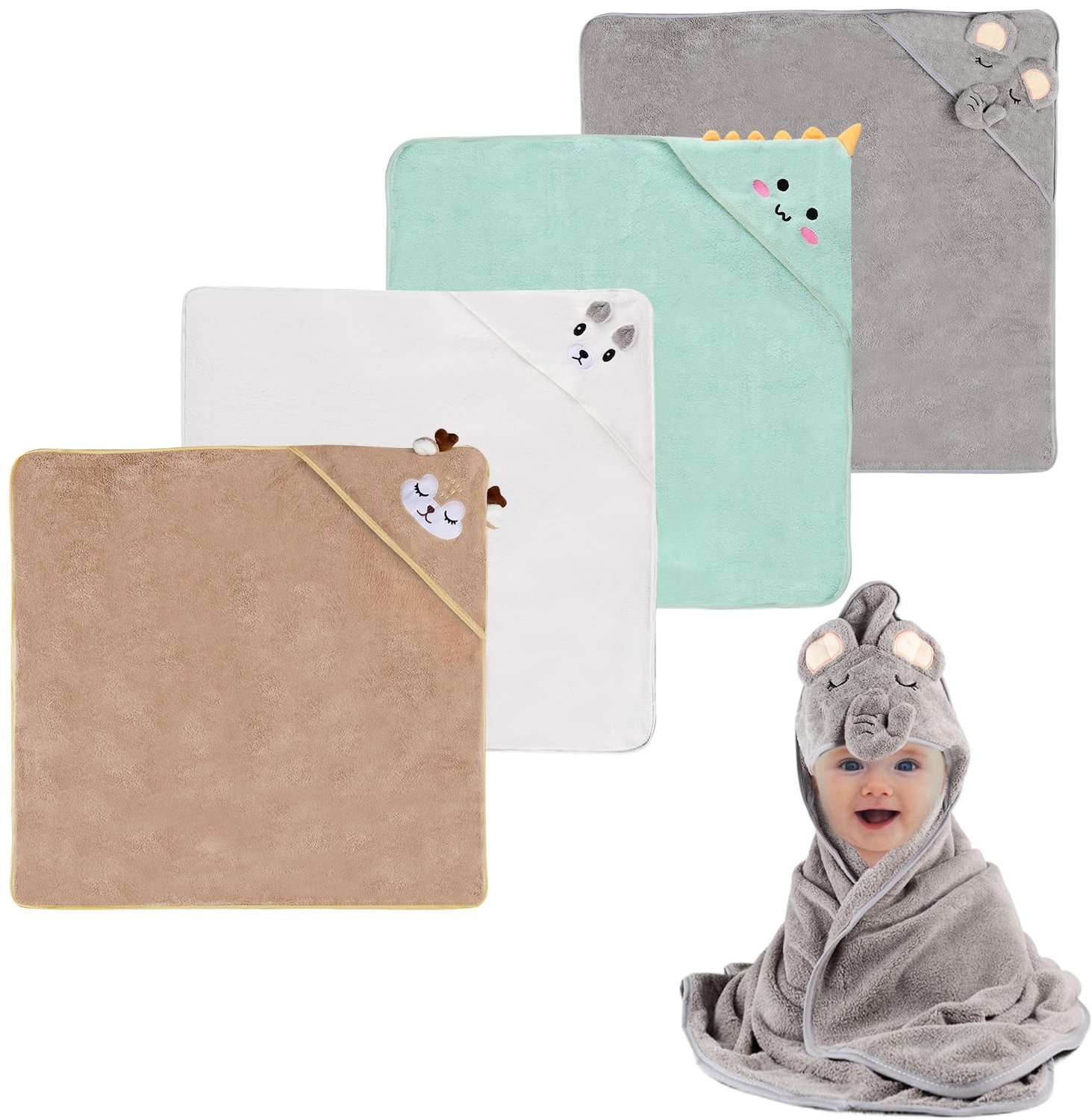 Set van 4 Baby Badhanddoeken met Kap in Schattige Dierontwerpen