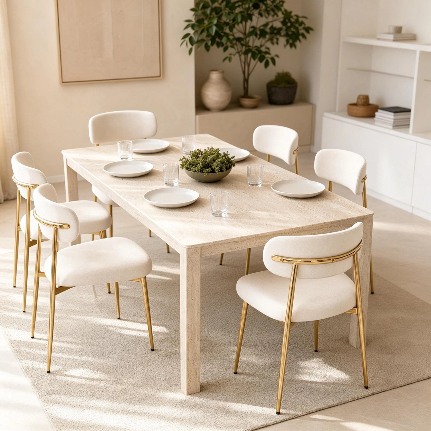HAUSS SPOLE Eetkamerstoelen - Set van 6 - Zacht Gestoffeerd met Gebogen Rugleuning en Verstelbare Voetdoppen - Voor Eetkamer en Keuken - Stof en Metaal - Wit en Goudkleurig Wit, goudkleurig