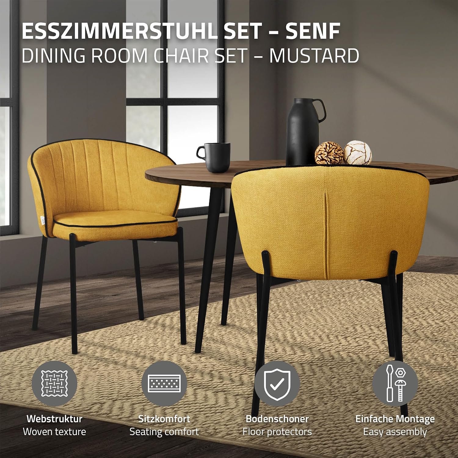 Comforta Mosterdgele Eetkamerstoelen Set van 4 – Gestoffeerde Eetkamerstoelen met Zachte Zitting, Ergonomische Rugleuning en Poedergecoate Metalen Poten, Moderne Keukenstoelen voor Eettafel en Woonkamer, 59 x 60 x 72 cm