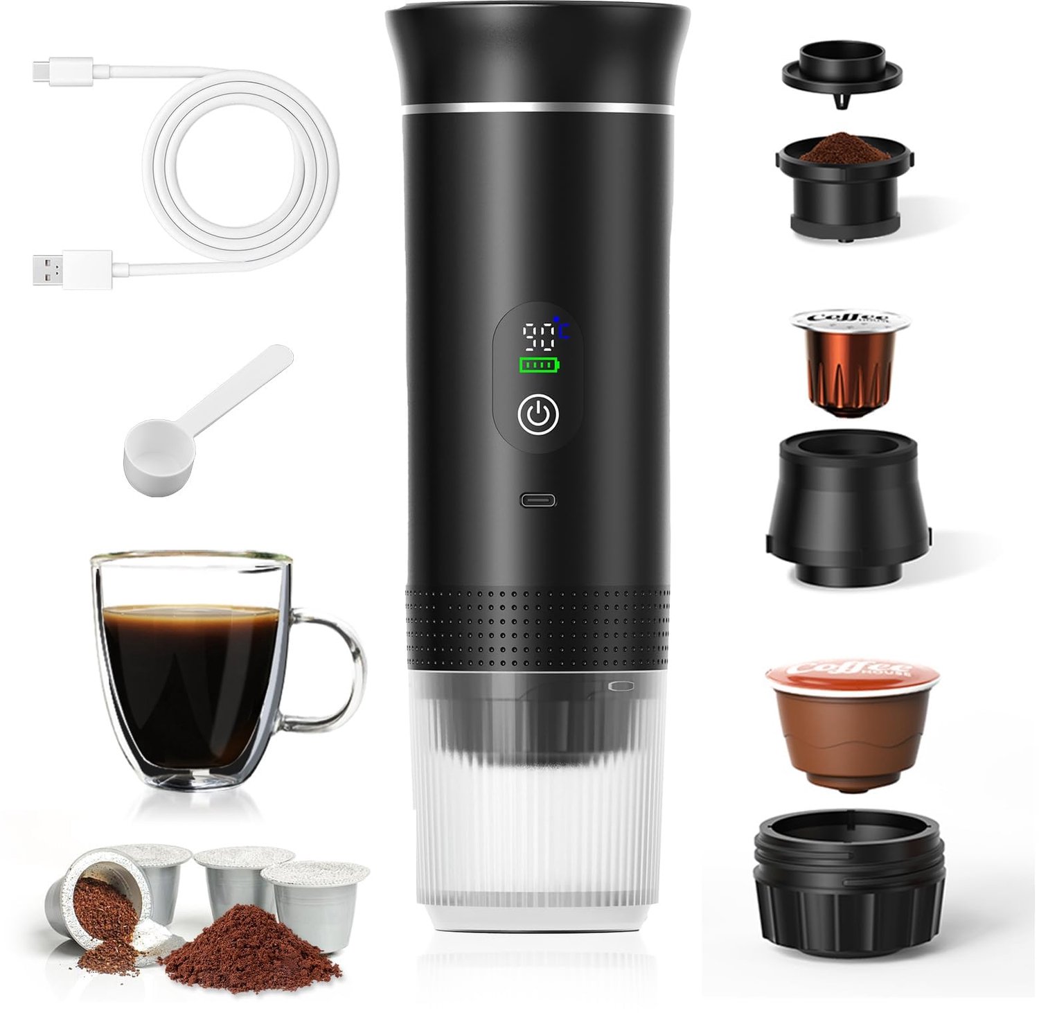 Draagbare Koffiemachine 3-in-1 met Temperatuurdisplay - 20 Bar - USB-C Oplaadbaar