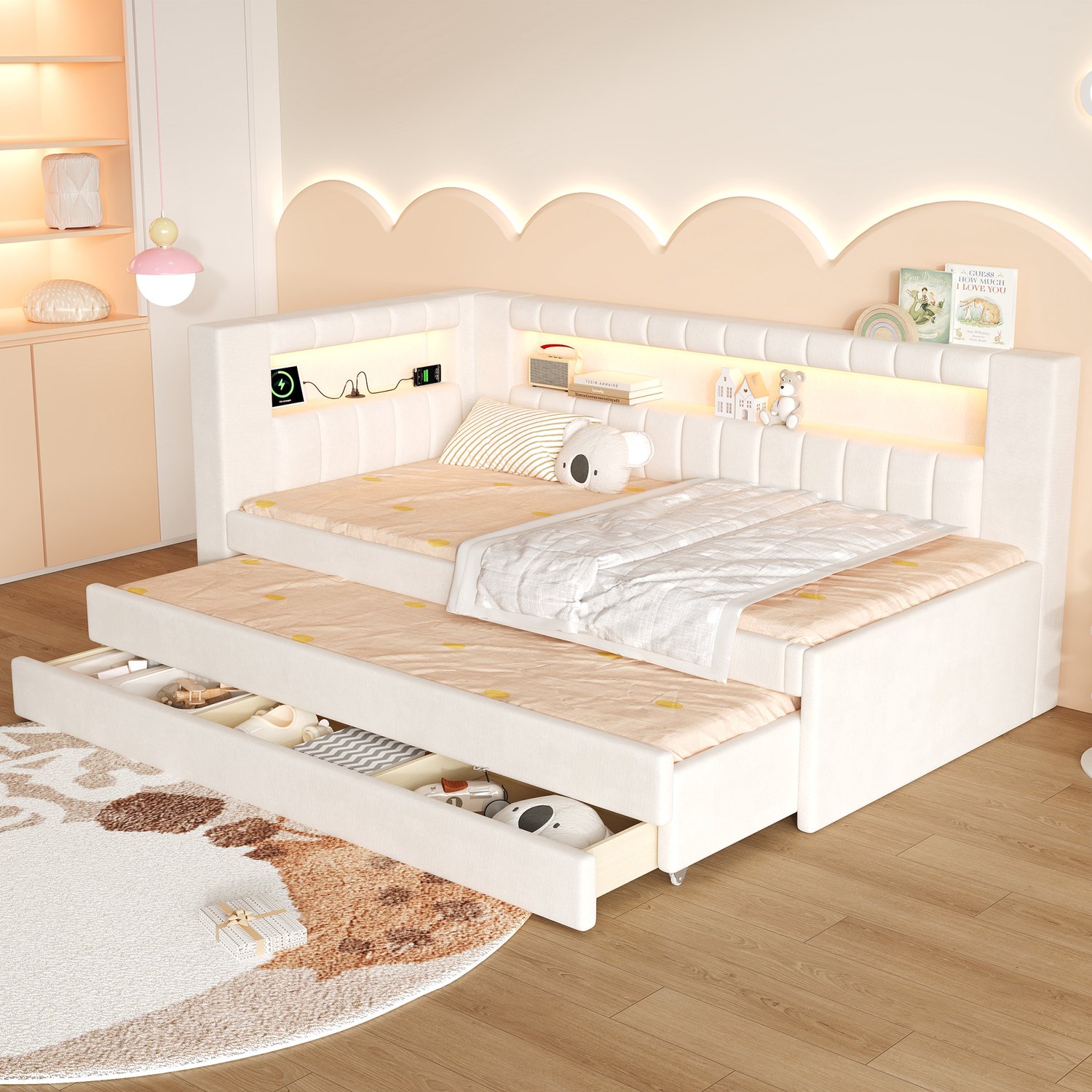 HAUSS SPOLE Gestoffeerd Dagbed 90x200 cm - Bedbank met Uittrekbed en Drie Lades - met Verlichting en Oplaadaansluiting - Zonder Matras - Linnenmix - Wit
