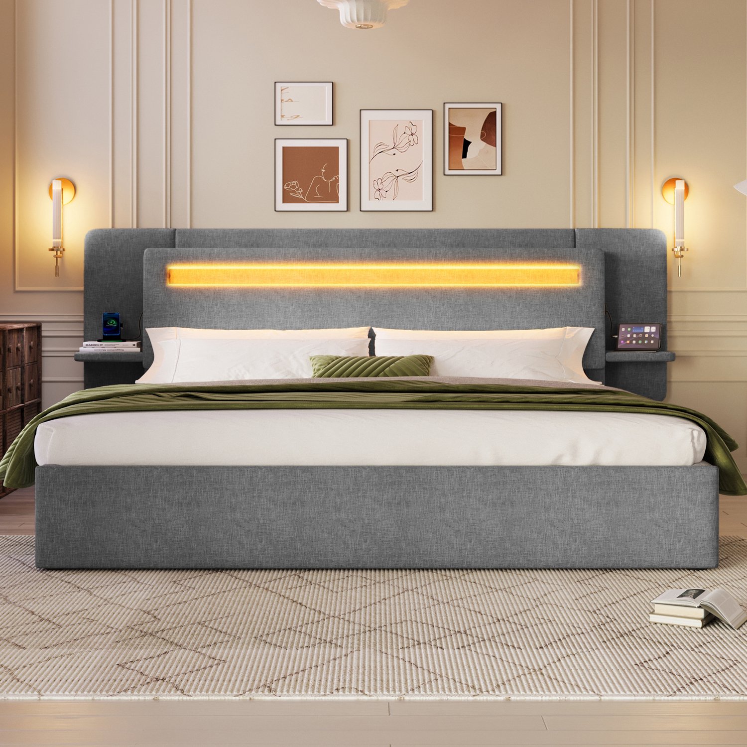 HAUSS SPOLE Gestoffeerd Bed 180x200 cm - Tweepersoonsbed met Hydraulische Opbergruimte - Ledverlichting, Usb-aansluiting en Nachtkastje - Linnen - Grijs