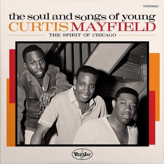 Vinylhoes The Soul and Songs of Young Curtis Mayfield met zwart-witfoto van drie mannen en het Vee-Jay logo.