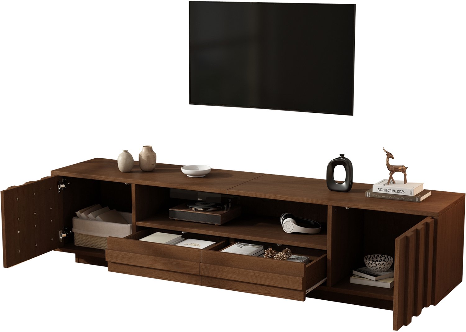 REDOM Tv-meubel 180 cm - 2 deuren, 2 lades en open vak - Druk-openingssysteem - Walnootkleur