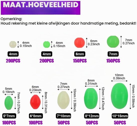 1050 Stuks Plastic Ovalen Luminous Visloods en Aas Kralen Assortiment, Zacht en Lichtgevend Vissersgereedschap voor Vissystemen en Drijvers — afbeelding 5