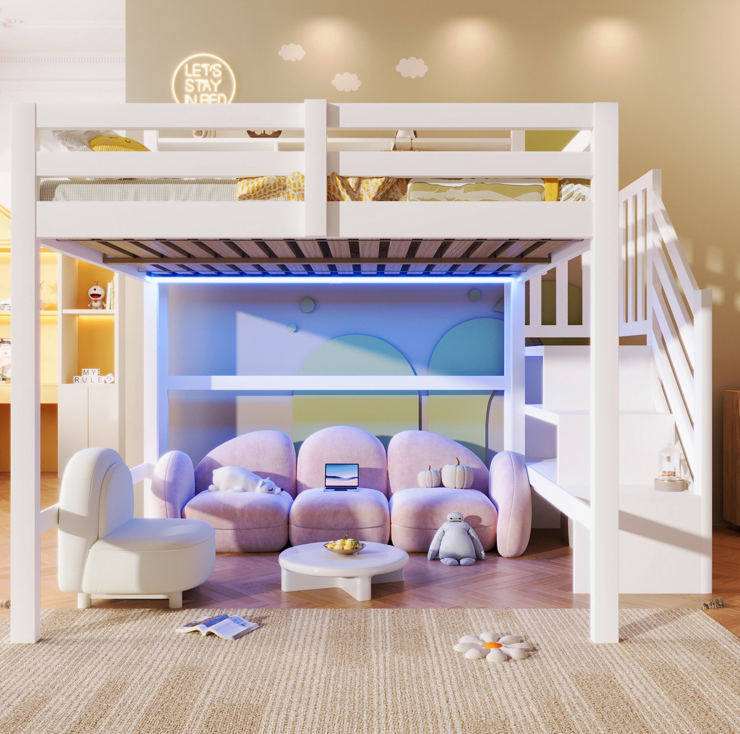 MEUNIQ Hoogslaper 140 x 200 cm met opbergtrap, open opbergruimte, uitvalbeveiliging en ledverlichting – kinderbed vanaf 6 jaar, wit