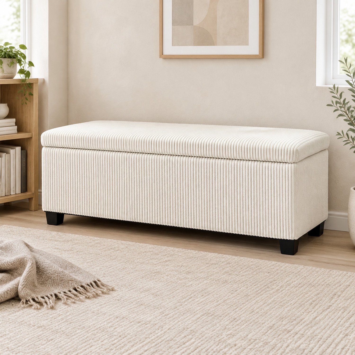 HAUSS SPOLE Opbergbank - Gestoffeerd Bankje Met Verborgen Opbergruimte - Voor Woonkamer Slaapkamer En Hal - Polyester Beige - 112x42x40 Cm