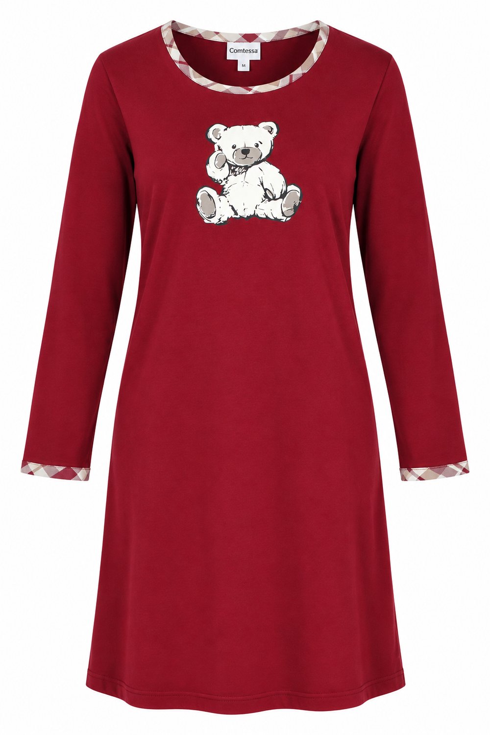Comtessa Dames - Nachthemd – 100% Katoen – Lange Mouwen – Berenprint – Donkerrood – 95 cm Donkerrood, berenprint