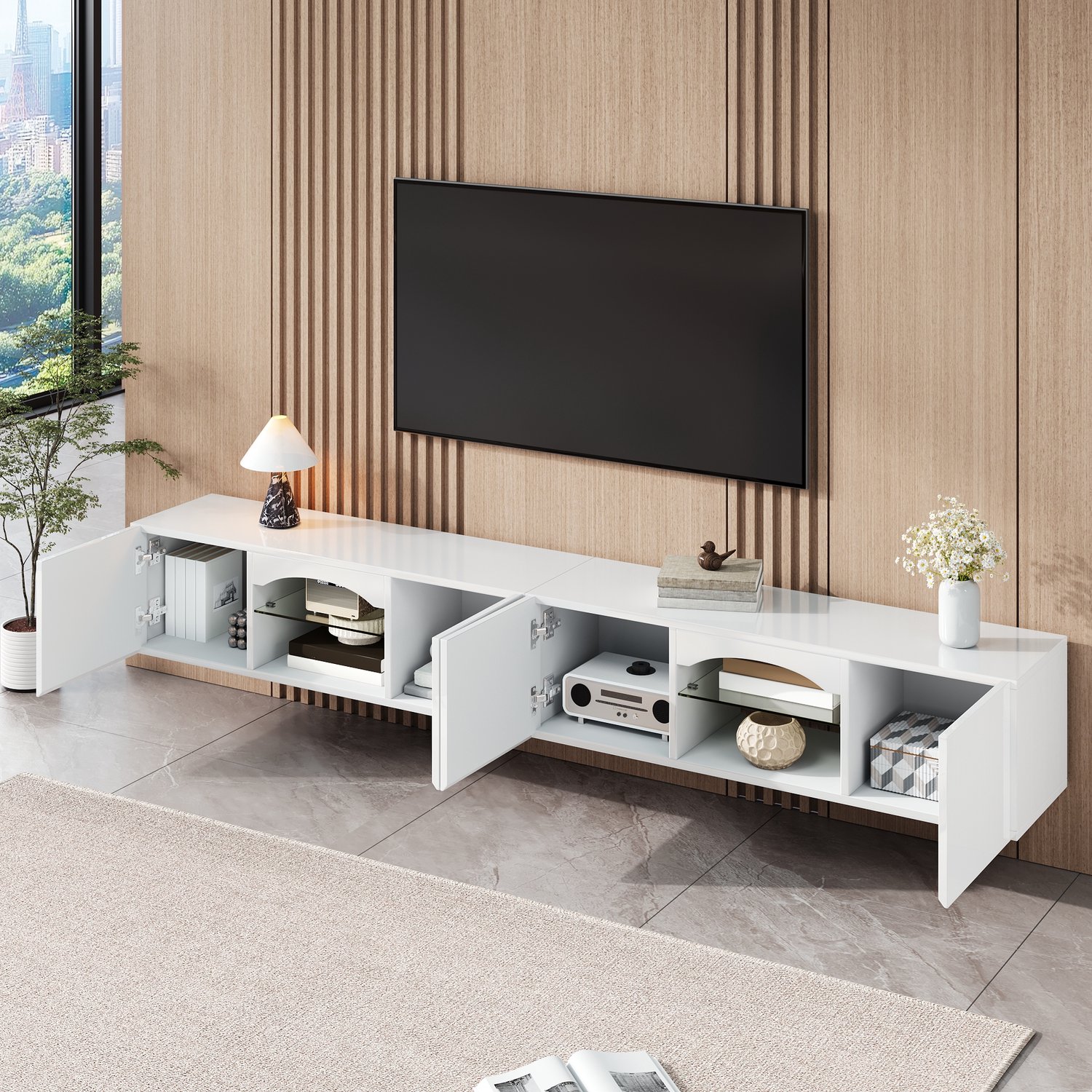 HAUSS SPOLE Tv-meubel - Hoogglans Met 4 Deuren En 2 Open Vakken - Ledverlichting Met Appbediening Voor Woonkamer - Spaanplaat - 200x30x28 Cm - Wit