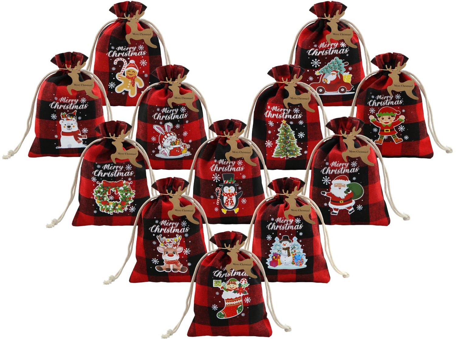 Set van 12 Kerst Jute Geschenkzakken met Trekkoord