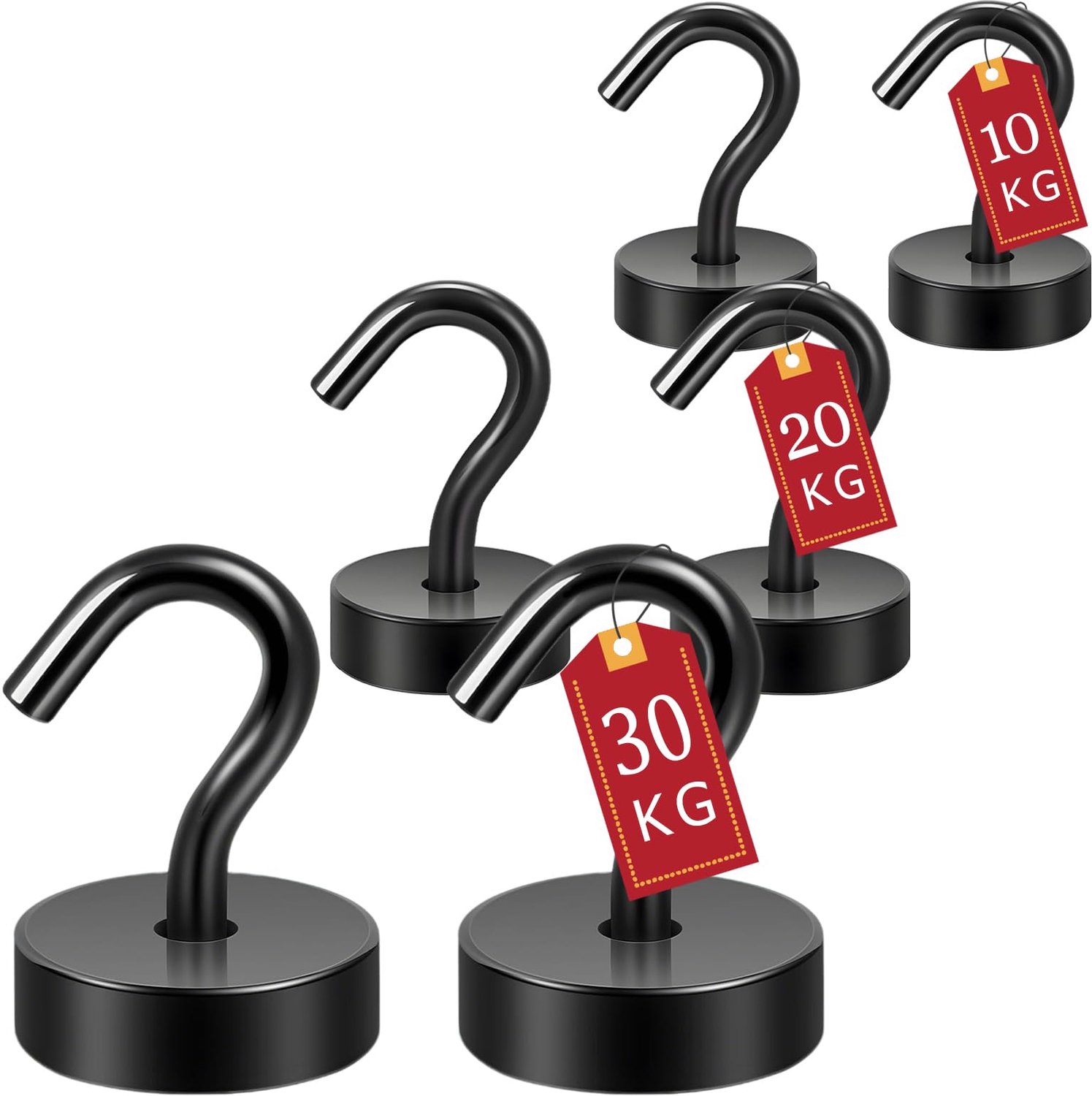 Neodymium Magneethaken Set van 6 Zwart met 20kg Draagkracht