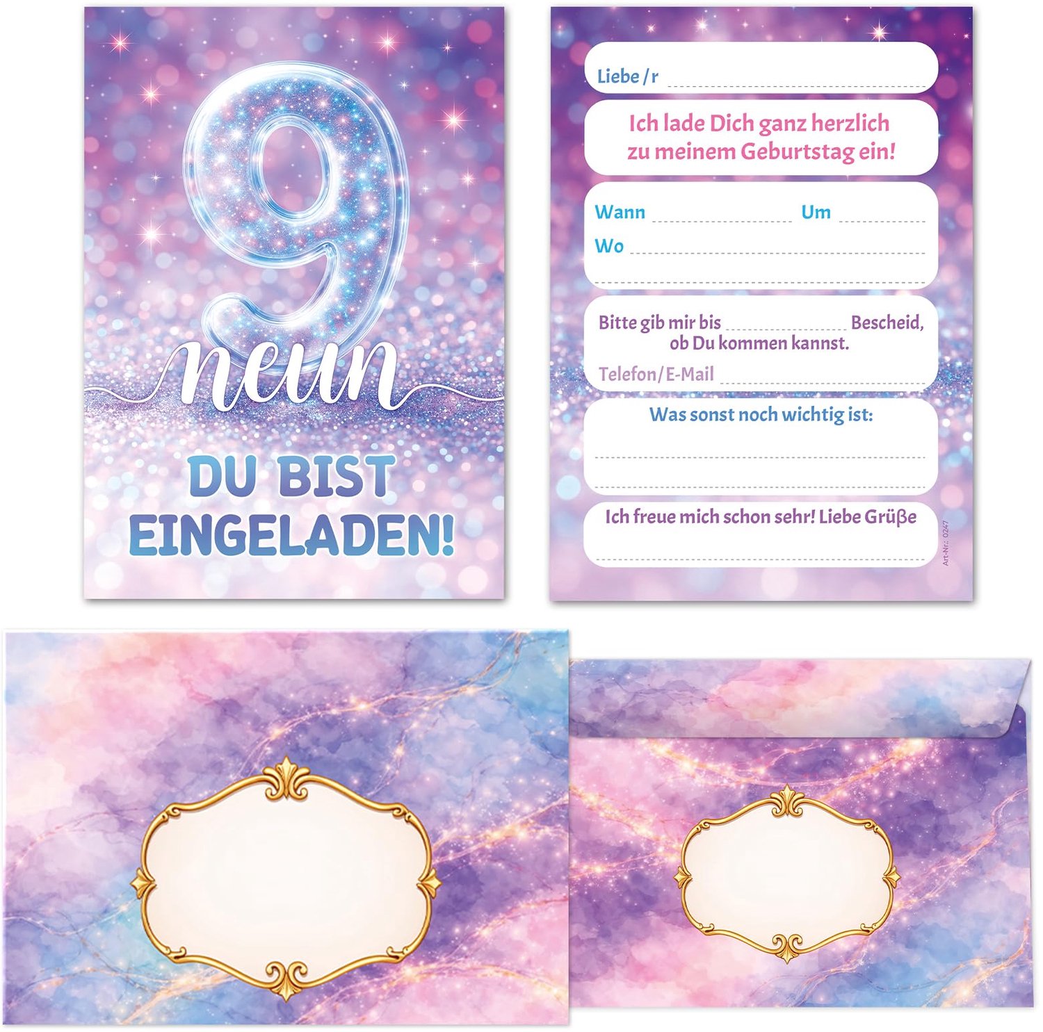 Uitnodigingskaarten set - 8 stuks voor 9e verjaardag