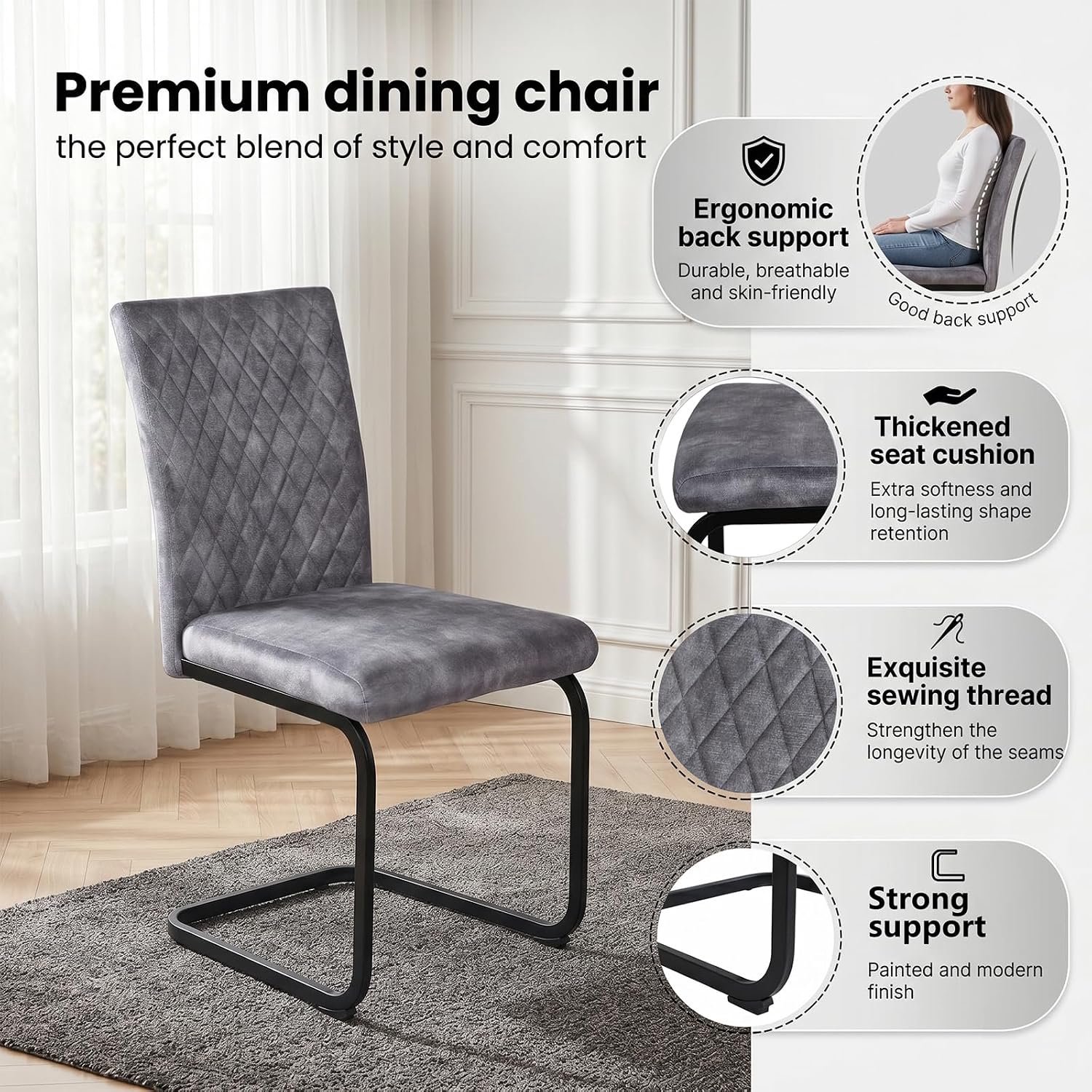 Set van 2 Luxe Cantilever Eetkamerstoelen Grijs met Hoge Rugleuning, Ergonomische Gestoffeerde Stoelen met Dik Zitkussen, Diamantgestikt Design, Zwart Metalen Frame