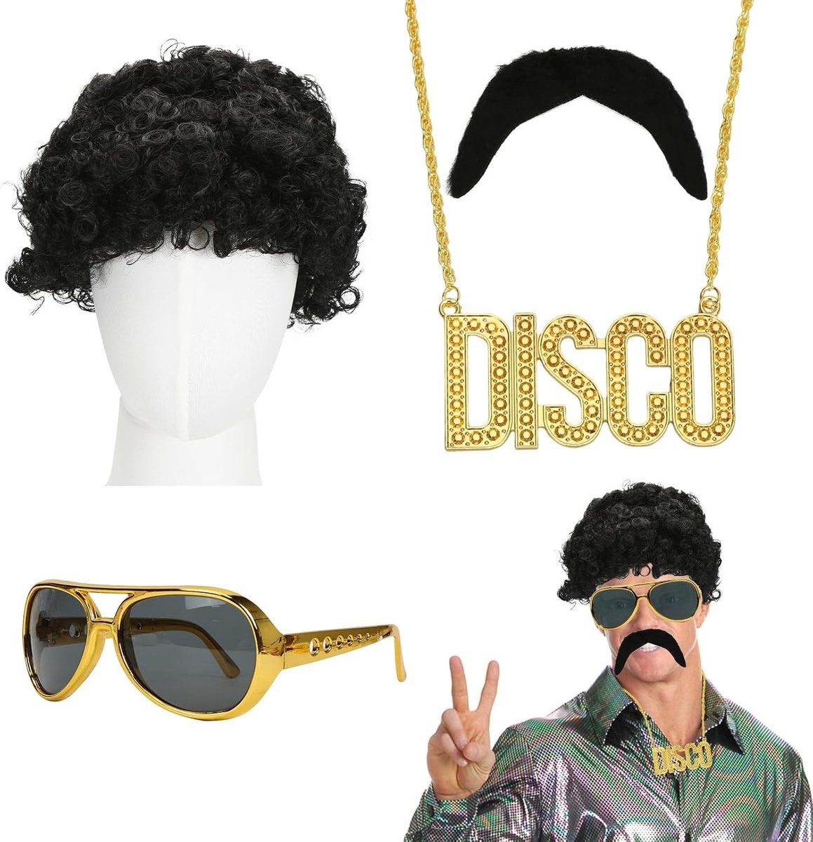 Stijlvolle accessoires voor mannen uit de jaren 70 en 80, afropruik, hippiekostuum en meer voor cosplay en Halloween feestjes