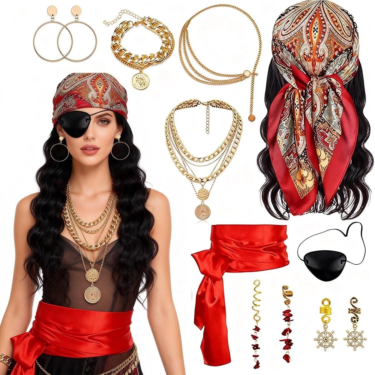 Complete Piratenkostuum Accessoires Set voor Vrouwen met Hoofddoek, Riem, Kraag, Armbanden, Oogmasker en Oorbellen voor Halloween, Verkleedfeest en Toneelvoorstelling