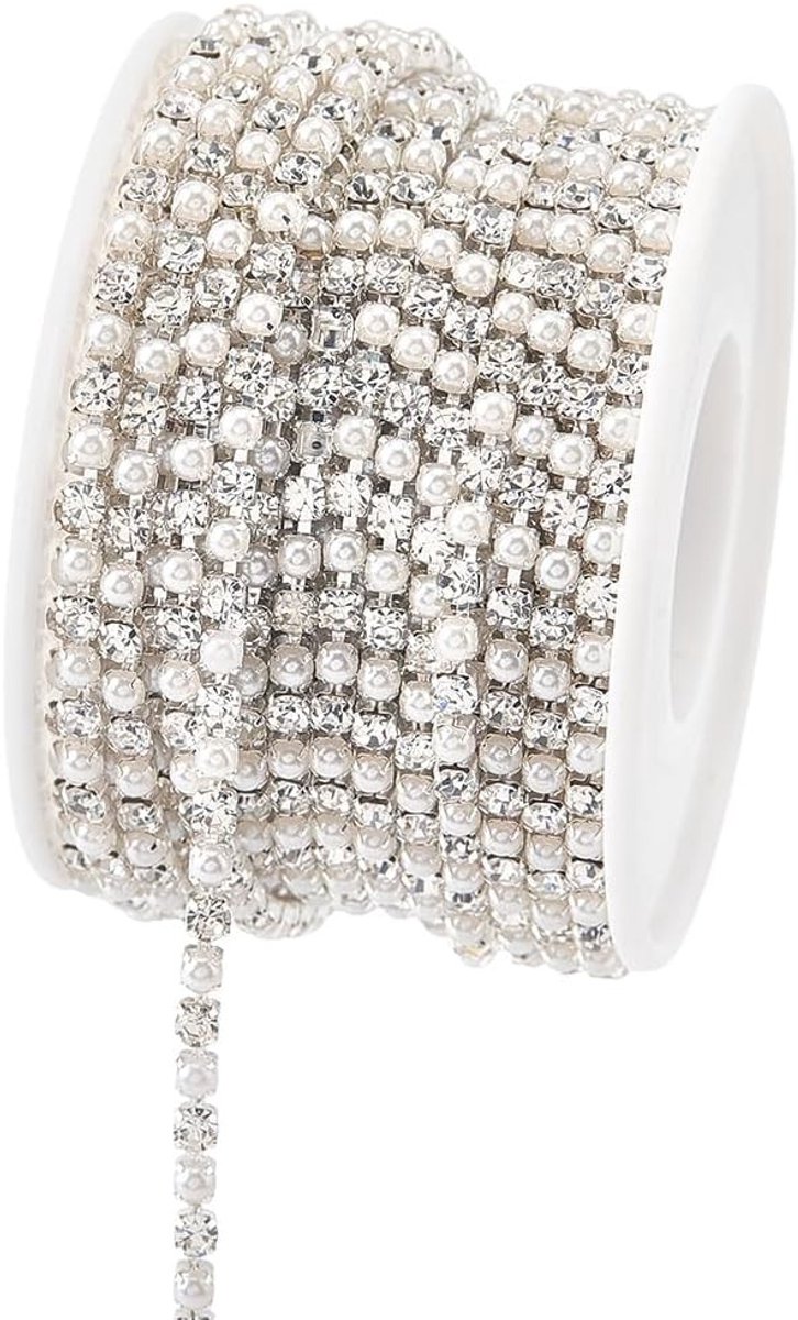 9,14 m zilveren kettingband met strass en parels, 3 mm breed, voor naaiwerk en kledingdecoratie
