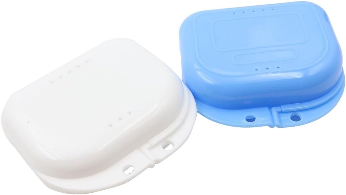 Ademend Opbergdoos Set van 2 - Opbergdozen voor Kunstgebitten, Mondbeschermers en Orthodontische Beugels met Veilige Sluiting (Wit + Blauw)