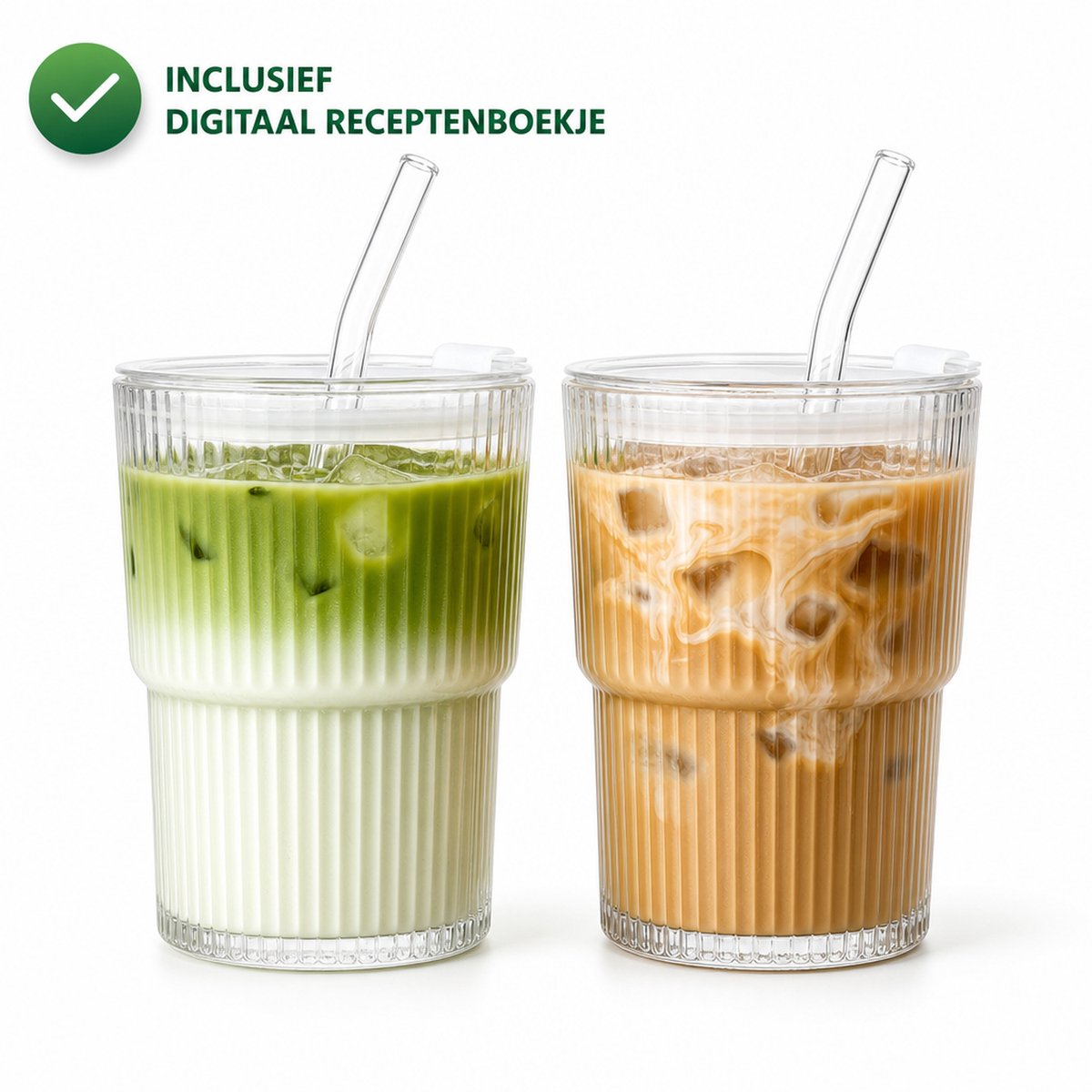 2Day Home - Matcha Glazen - IJskoffie Glazen - Glazen Beker met Deksel en Rietje - 2 Stuks - 400 ml - Incl. Receptenboek - Geribbeld