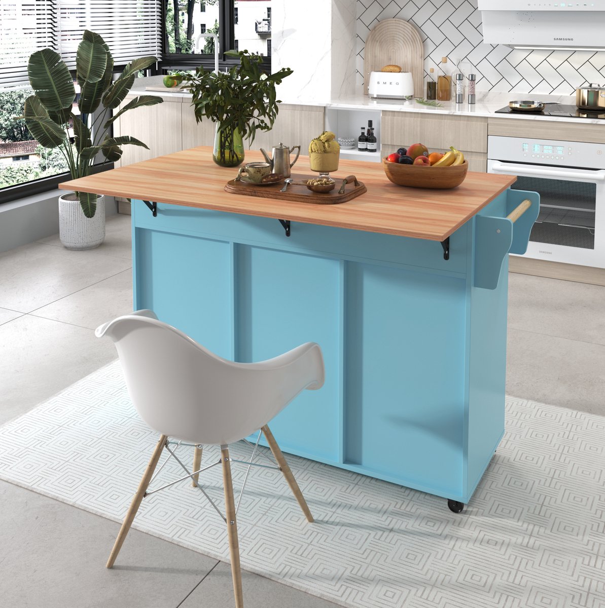 Keukenkast Met Opklapbaar Werkblad En Wielen Blauw MDF 129 X 46 X 91.5 Cm Voor Keuken En Eetkamer