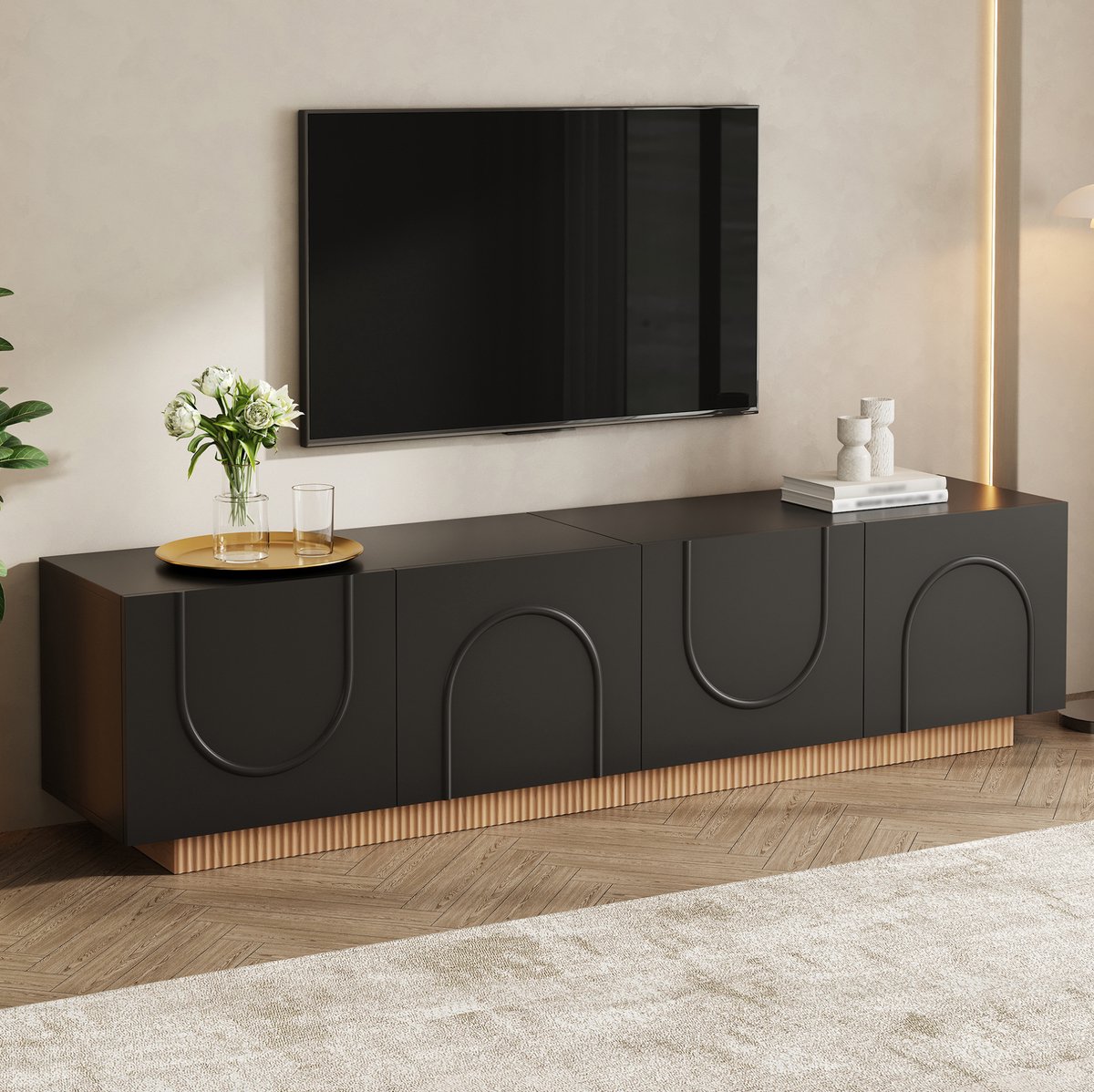 HAUSS SPOLE Tv Meubel - Vier Deuren Met Kabeldoorvoer En Demping - Voor Woonkamer En Slaapkamer - MDF En Spaanplaat - 170x38x42 Cm - Zwart