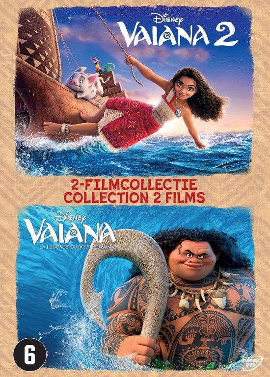 DVD hoes voor Vaiana 2 en Vaiana: De Legende van het Eindeloze Verbond. Vaiana en Pua op een boot, met Maui in een andere afbeelding.