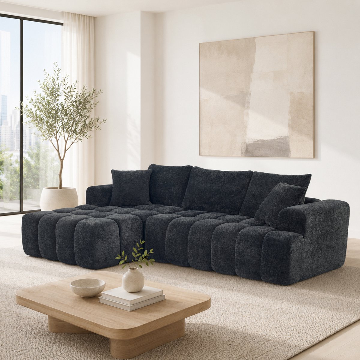 OKWISH Hoekbank 249,94 cm - Modulaire Slaapbank met Armleuningen - Voor Woonkamer of Kantoor - Fluweel - Zwart